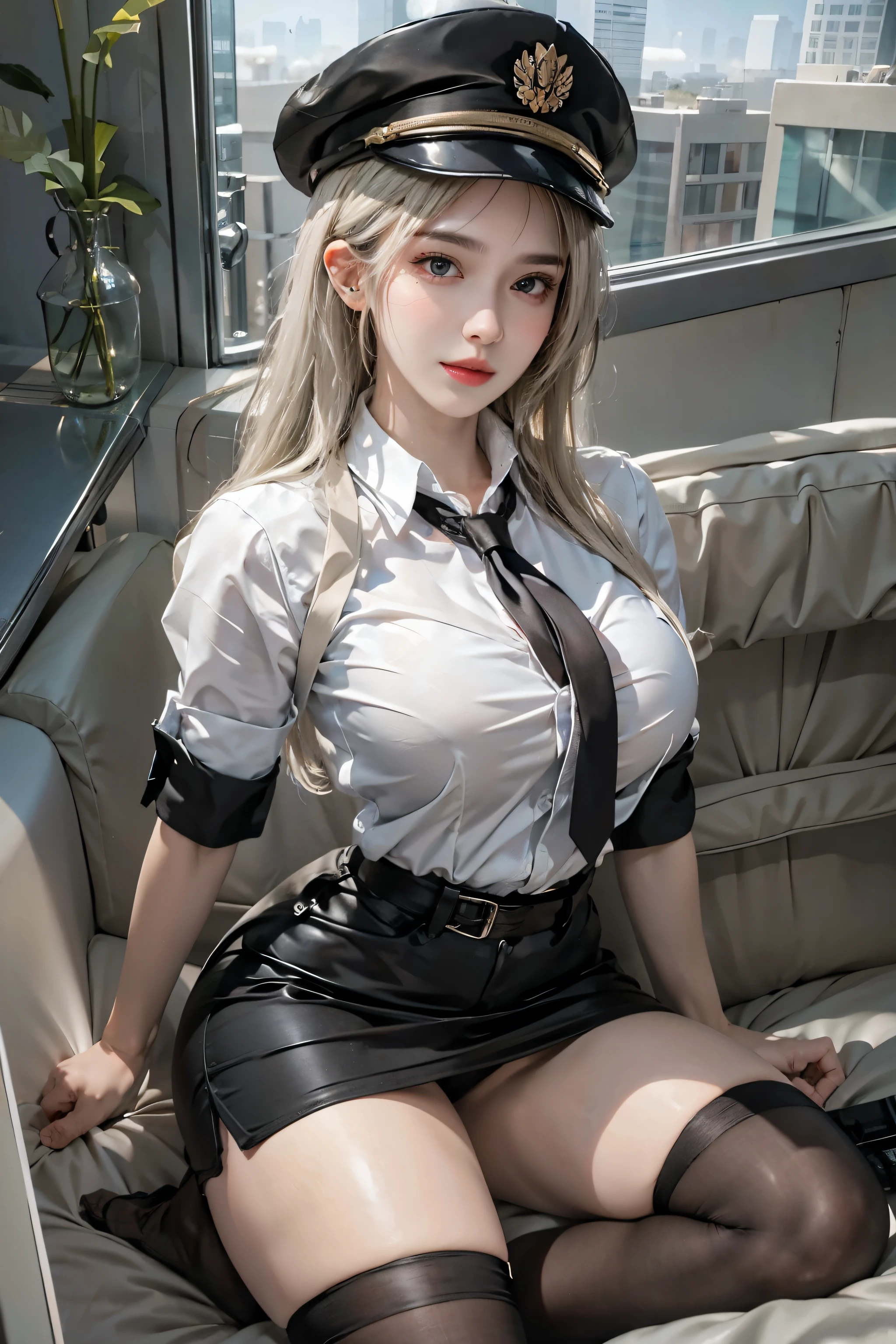 realistic, High resolution, soft light,1 female, alone, hip up, glowing skin, (detailed face),tattoo, jewelry, secretary clothes, white shirt, black skirt, black stockings, garter belt, night, blonde hair, wavy hair, Beautiful Soldier, Eyes that invite the viewer, spouse'point of view, attractive appearance, sexy smile, perfect style, perfect balance, fine skin, naughty look, I can see your breasts