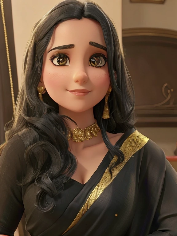 Young woman, wearing black saree with golden border , black hair, looking at camera, wearing golden jhumke