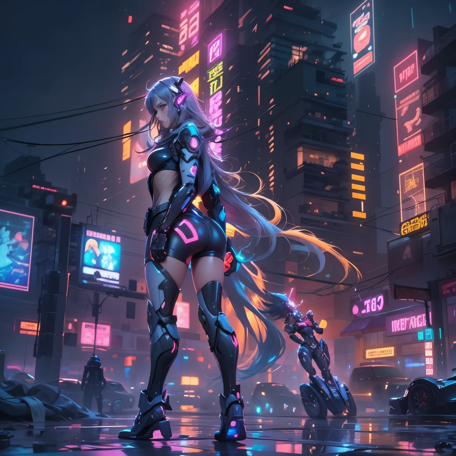 Wet day，Mecha，enemy，Girl Warrior，high rise construction，night，neon light