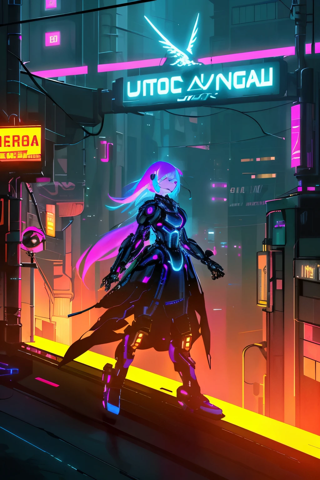 (A girl with a cybernetic implant in a futuristic city at night),(neon light, Holographic advertising, flying car),(highest quality,super detailed,High resolution),(cyber punk,Science fiction),(Bright colors,dark tone), (dynamic lighting,street light,Glowing Signs)