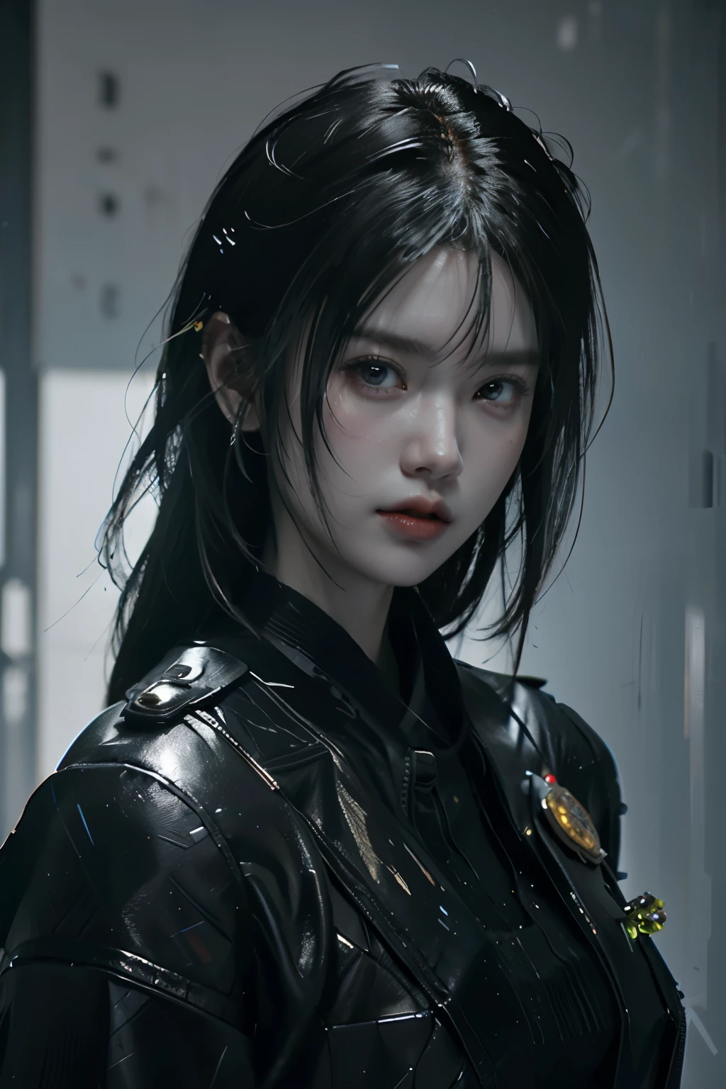 Game art，The best picture quality，Highest resolution，8K，((A bust photograph))，((Portrait))，(Rule of thirds)，Unreal Engine 5 rendering works， (The Girl of the Future)，(Female Warrior)， 22岁少女，(Female hackers)，(Ancient Oriental hairstyle)，(A beautiful eye full of detail)，(Big breasts)，(Eye shadow)，优雅迷人，冷漠，((Frown))，(Battle wear full of futuristic tech，Clothing combines futuristic power armor and police uniforms，The garments are adorned with glittering patterns and badges)，赛博朋克人物，未来风格， 拍照姿势，城市背景，Movie lights，Ray tracing，Game CG，((3D Unreal Engine))，oc渲染反射纹