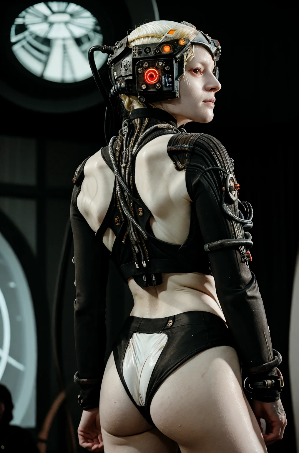 borg woman casey, (cable:1.4), 

[(pale white:.1) (Natural:1) (skin:1.3)::8]
[[(Natural:1.1) (pale white:.9) (skin:1.3):8]::16]
[(Natural:1) (pale white:1.3) (skin:1.3):16]
 [(with:.01) (beauty_marks:.01):6], 

[(bald:.15)::7], [[(long light blonde hair:1):5]::12], [(long light blonde hair:1.3):12], [albino Nordic:8], back view, 

(medium shot:1.4), (cybernetic:.1) (cyborg:.15) (bikini:1) (with laser led lights:1), [borg implants::6], eyepatch, assimilation, 

[young:4], front light, fit, well lit, sunny, bright, [(led lights, laser lights:.01):8], detailed skin,  photograph, detailed, high resolution, RAW photo, in frame, 

[BREAK:8] 
[(many beauty_marks and:.01) (many light moles on her skin:1.2):8], 

[BREAK (light brown moles:.1):12]