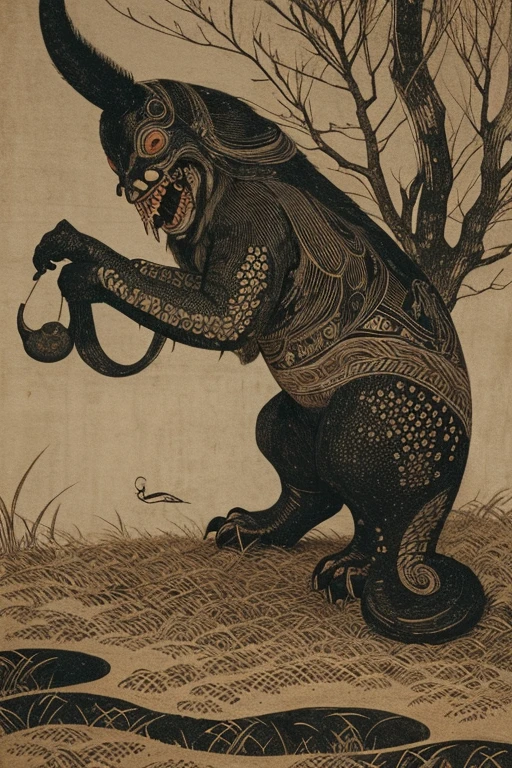 ((jumpscare)), Outline warm color, ((festival)), ((Chojugiga)), ((Shihon Bokuga)), antique, (anthropomorphism), (Sumi-e), Monochrome art, (Old paper style illustration), (hunting paintingural style, Little monster, old performance, variational pointillism, flat illustration, eerie, (horror elements), eerie worldview, (primitive art), Outline warm color, old picture scroll style, old staging, Ancient mural style