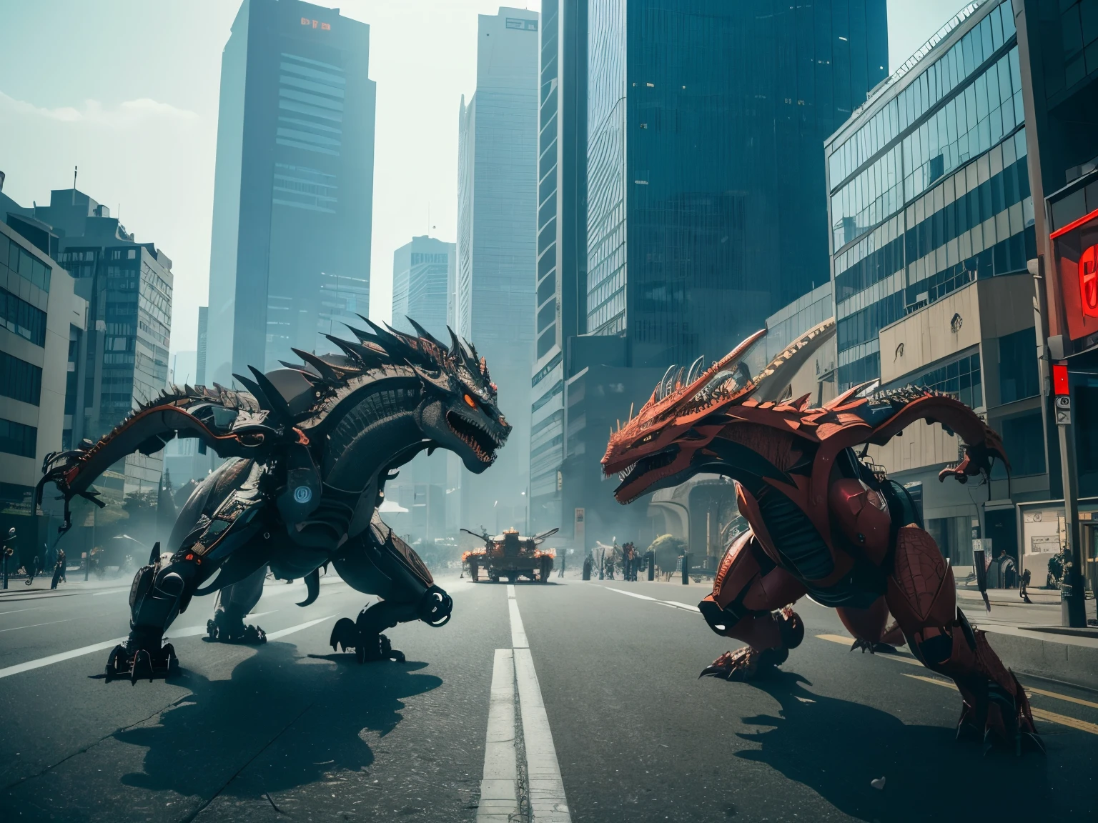 A Battle of two Robot Dragons in the City of Tokyo, (Realistic, Cinematic, 8k detail)