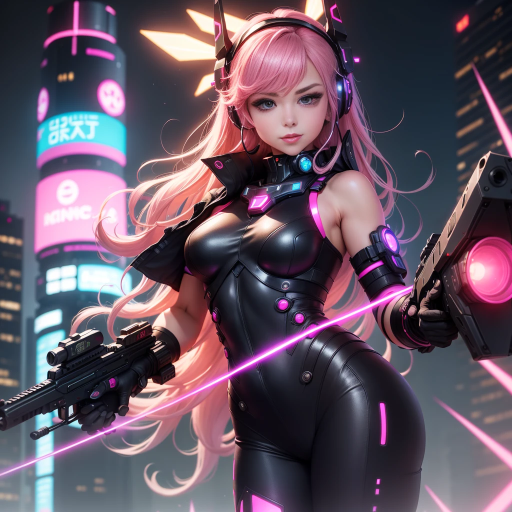 Prompt 1: A girl holding a gun, dressed in a pink cherry blossom outfit, stands confidently in a dynamic pose before a shiny metalic skyscraper in a cyber punk city. Her long, glowing hair accessories and luminous earrings complement her detailed luminescent headphones. With one hand on the gun's grip and the other pointing at the neon-lit city, her expression is happy and proud. The high-tech city is filled with laser lights and a digital background urban sky, and a big moon illuminates the scene. Her weapon system is mecha style, and she wears glowing antennae on her head, along with a back injector.
