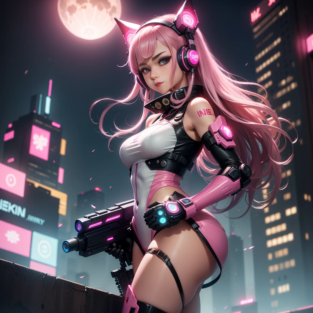 Prompt 1: A girl holding a gun, dressed in a pink cherry blossom outfit, stands confidently in a dynamic pose before a shiny metalic skyscraper in a cyber punk city. Her long, glowing hair accessories and luminous earrings complement her detailed luminescent headphones. With one hand on the gun's grip and the other pointing at the neon-lit city, her expression is happy and proud. The high-tech city is filled with laser lights and a digital background urban sky, and a big moon illuminates the scene. Her weapon system is mecha style, and she wears glowing antennae on her head, along with a back injector.