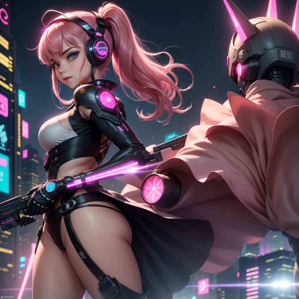 Prompt 1: A girl holding a gun, dressed in a pink cherry blossom outfit, stands confidently in a dynamic pose before a shiny metalic skyscraper in a cyber punk city. Her long, glowing hair accessories and luminous earrings complement her detailed luminescent headphones. With one hand on the gun's grip and the other pointing at the neon-lit city, her expression is happy and proud. The high-tech city is filled with laser lights and a digital background urban sky, and a big moon illuminates the scene. Her weapon system is mecha style, and she wears glowing antennae on her head, along with a back injector.