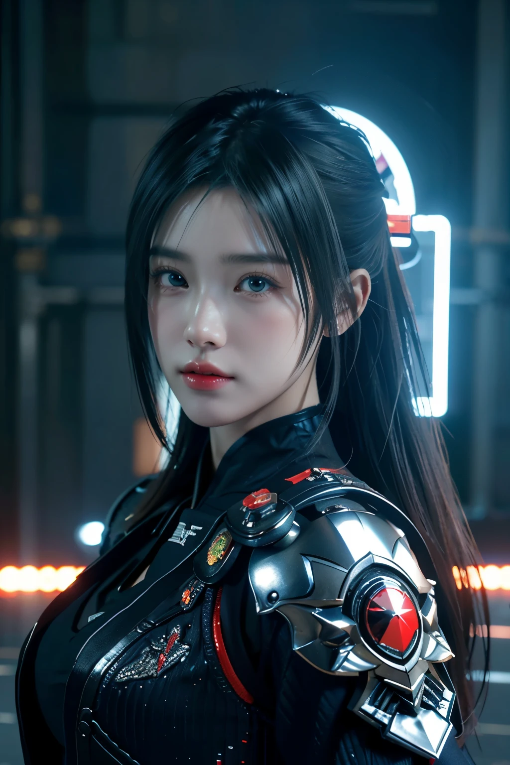 Game art，The best picture quality，Highest resolution，8K，((A bust photograph))，((Portrait))，(Rule of thirds)，Unreal Engine 5 rendering works， (The Girl of the Future)，(Female Warrior)， 22岁少女，(Female hackers)，(Ancient Oriental hairstyle)，(A beautiful eye full of detail)，(Big breasts)，(Eye shadow)，优雅迷人，冷漠，((Frown))，(Battle wear full of futuristic tech，Clothing combines futuristic power armor and police uniforms，The garments are adorned with glittering patterns and badges)，赛博朋克人物，未来风格， 拍照姿势，城市背景，Movie lights，Ray tracing，Game CG，((3D Unreal Engine))，oc渲染反射纹