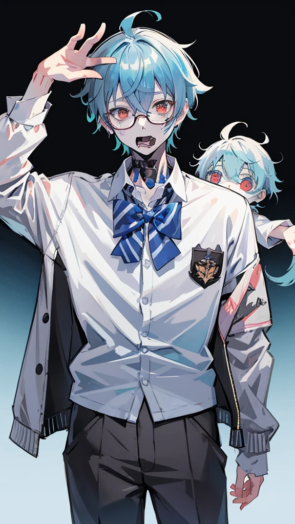 vtubermodel of 1 boy, zombie, mature, shirt,jacket, Cute, Genshin&#39;s influence, anime,blue hair, White skin, gray eyes, glasses, High quality , Additional Information , rendered, White background, whole body