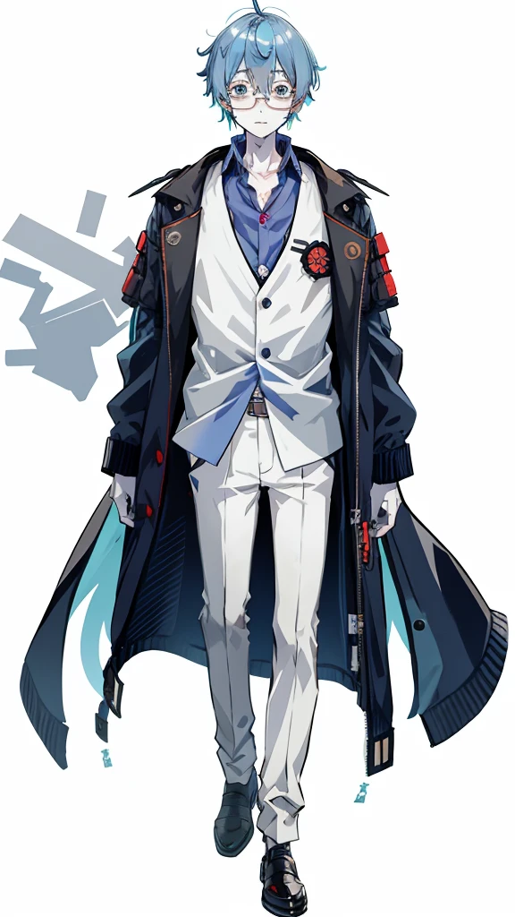 vtubermodel of 1 boy, zombie, mature, shirt,jacket, Cute, Genshin&#39;s influence, anime,blue hair, White skin, gray eyes, glasses, High quality , Additional Information , rendered, White background, whole body