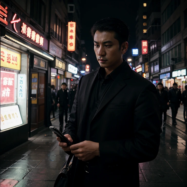 Black shadow of man in black high-end suit making phone call,holding mobile phone 2002, Handheld, mobile phones,in shanghai city at night with purple neon lights, movie scene,storm, 80's, mafia building, Busy nights, Wong Kar-wai风格, inspired by Zou Zhe, Inspired by Zhang Han, Inspired by Zhang Sengyao, , Wong Kar-wai