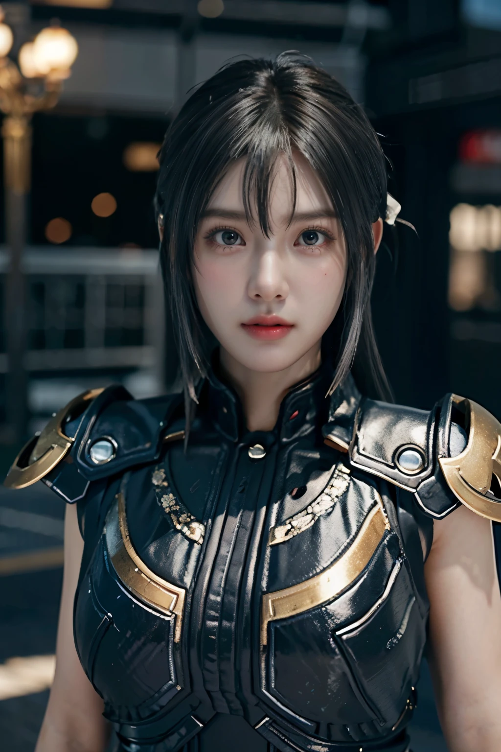 Game art，The best picture quality，Highest resolution，8K，((A bust photograph))，((Portrait))，(Rule of thirds)，Unreal Engine 5 rendering works， (The Girl of the Future)，(Female Warrior)， 22岁少女，(Female hackers)，(Ancient Oriental hairstyle)，(A beautiful eye full of detail)，(Big breasts)，(Eye shadow)，优雅迷人，冷漠，((Frown))，(Battle wear full of futuristic tech，Clothing combines futuristic power armor and police uniforms，The garments are adorned with glittering patterns and badges)，赛博朋克人物，未来风格， 拍照姿势，城市背景，Movie lights，Ray tracing，Game CG，((3D Unreal Engine))，oc渲染反射纹