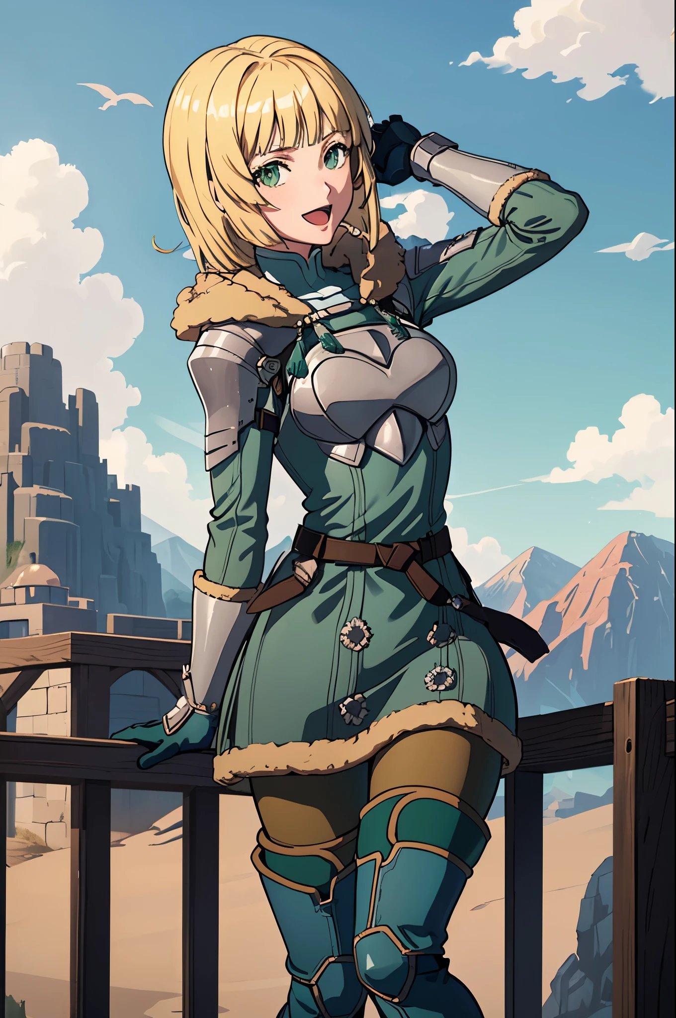 masterpiece, best quality,  hopesingrid, medium hair, bob cut, bangs, shoulder armor, breastplate, green coat, fur trim, gauntlets, blue gloves, belt, green skirt, brown pants, cowboy shot, green boots, :D, field, sky, clouds, mountains, looking at viewer