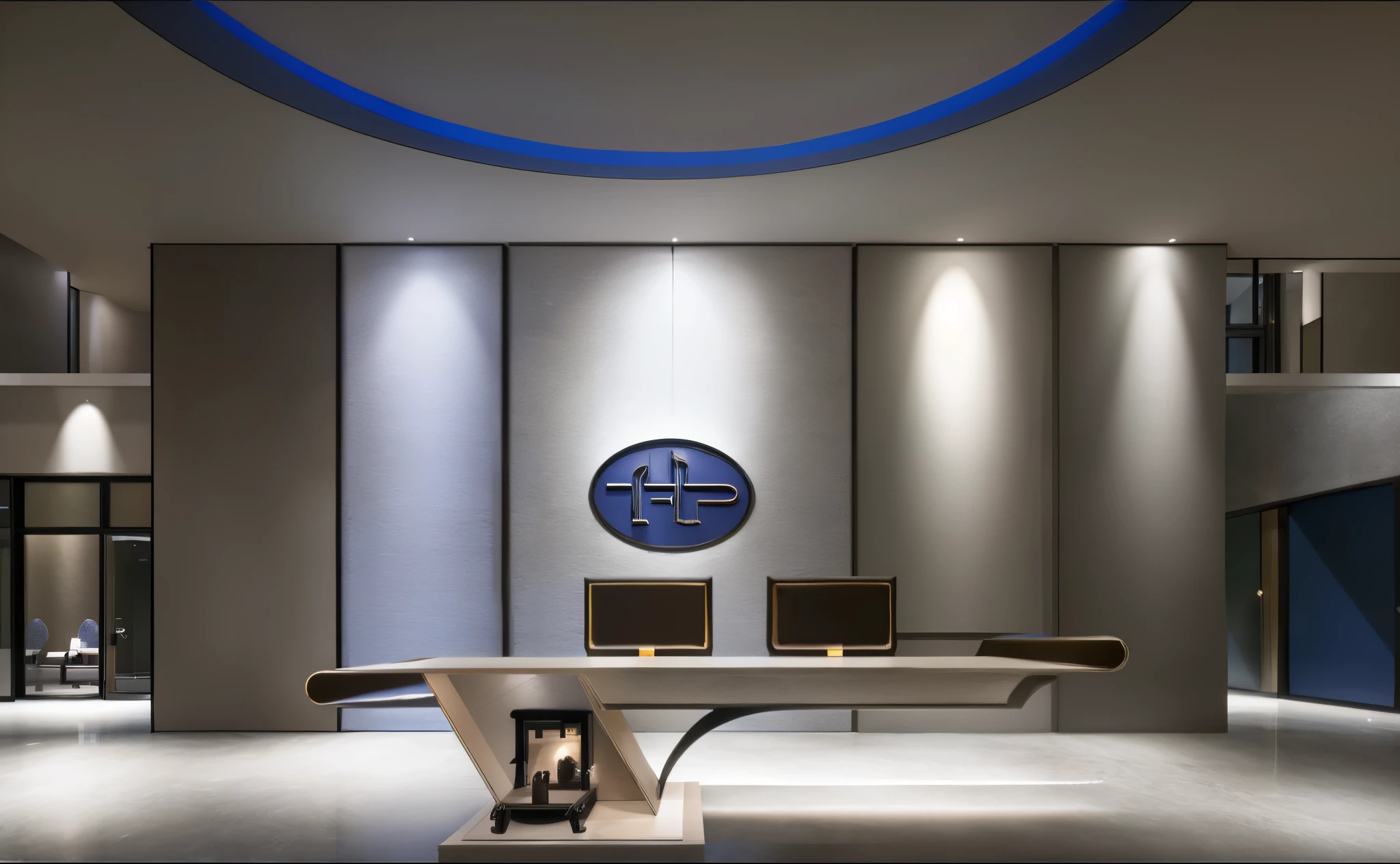 Reception office, (industrial interior design), dark stone background:1.5), (lighting blue logo), brown concrete flooring, (oval lighting), (dark brown reception desk), curtain wall, white wall, plants indoor, masterpiece, best quality, photorealistic