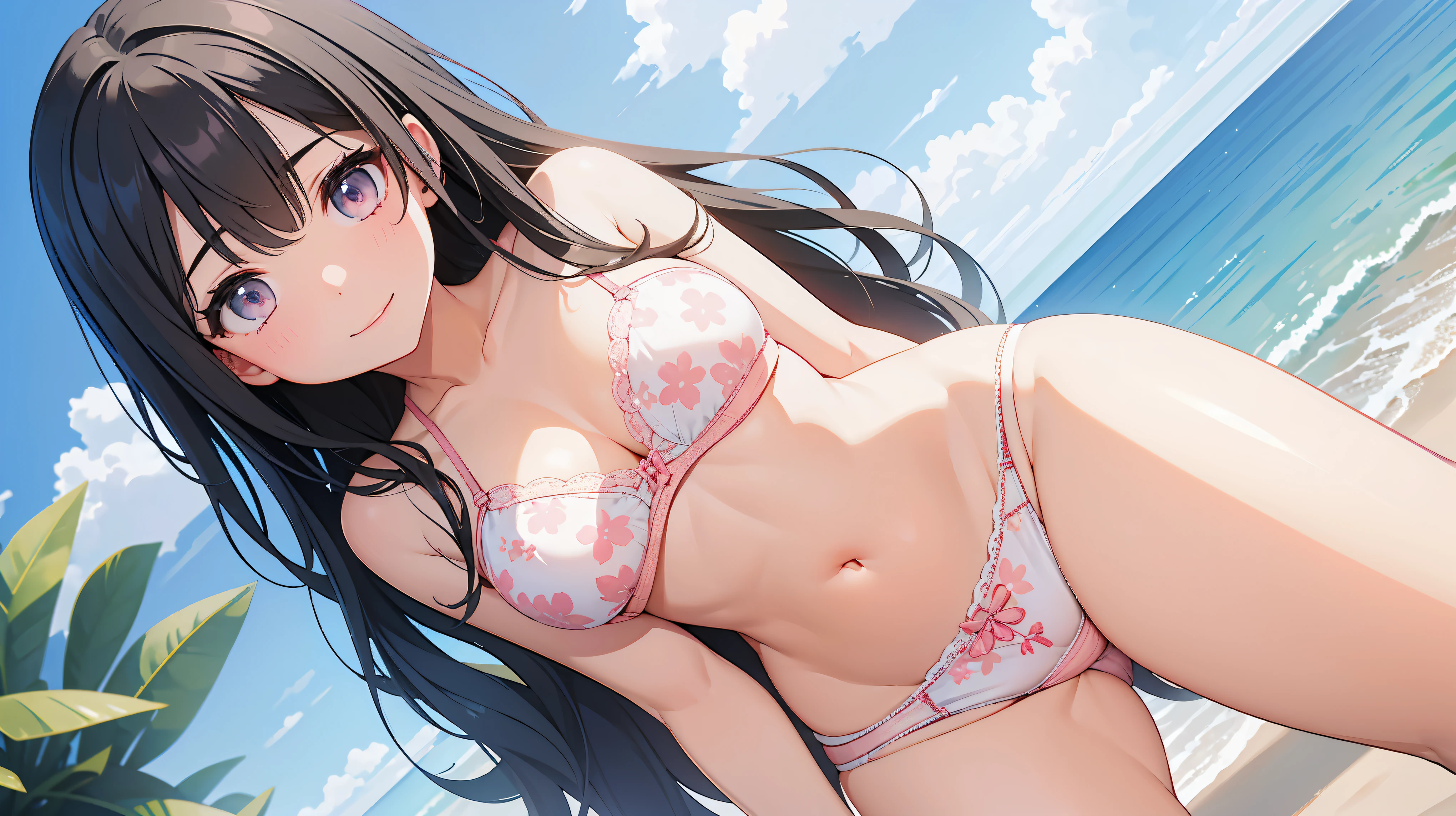 pieces fly、highest quality、High resolution、nffsw、perfect pixel、1 girl、cute、beautiful eyelashes, realistic eyes、smile、((White and pink floral bra))、((white and pink floral panties))、wearing only underwear、smooth texture:0.75、outdoor blue sky、I can see your pants、Bra visible、Overall bright