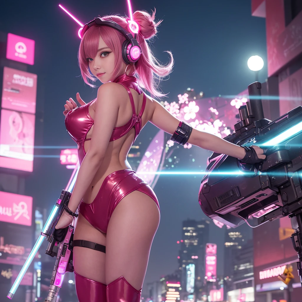 Prompt 1: A girl holding a gun, dressed in a pink cherry blossom outfit, stands confidently in a dynamic pose before a shiny metalic skyscraper in a cyber punk city. Her long, glowing hair accessories and luminous earrings complement her detailed luminescent headphones. With one hand on the gun's grip and the other pointing at the neon-lit city, her expression is happy and proud. The high-tech city is filled with laser lights and a digital background urban sky, and a big moon illuminates the scene. Her weapon system is mecha style, and she wears glowing antennae on her head, along with a back injector.