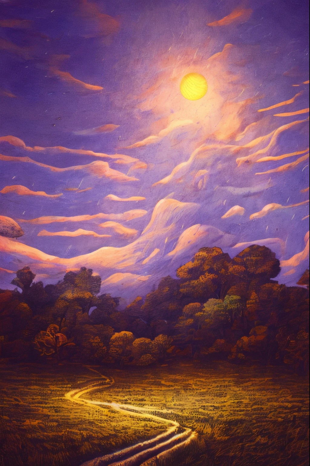 Expansive landscape photograph,(moon full:1.2),(meteors:0.9),(Starcloud:1.3),Far Mountain, Tree BREAK making art,(Warm light source:1.2),(glowworm:1.2),lamp lights,Lots of purple and orange,Complicated details,Volumetriclighting,Realism BREAK(tmasterpiece:1.2),(best qualtiy),8K,Ultra-detailed,(dynamic compositions:1.4),The is very detailed,Colorful details,(Irridescent color:1.2),(luminouslighting,Atmospheric lighting),dream magical,magical,(独奏:1.2),((best qualtiy)), ((tmasterpiece)), (the detail:1.4),depth of fields,maximum definition and sharpness,perfectly proportions,Fluttering clouds,Wallpapers