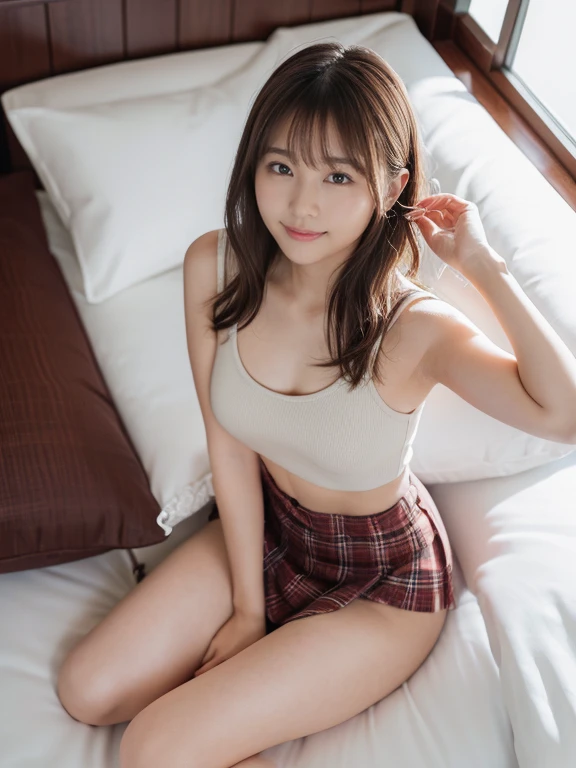 A beautiful Japanese shy girl, age 18 years old, short brown hair, brown big eyes, shiny lip, shiny hair, wearing white blouse, plaid skirt, A photo showing the whole body, she is lie down on the bed, 