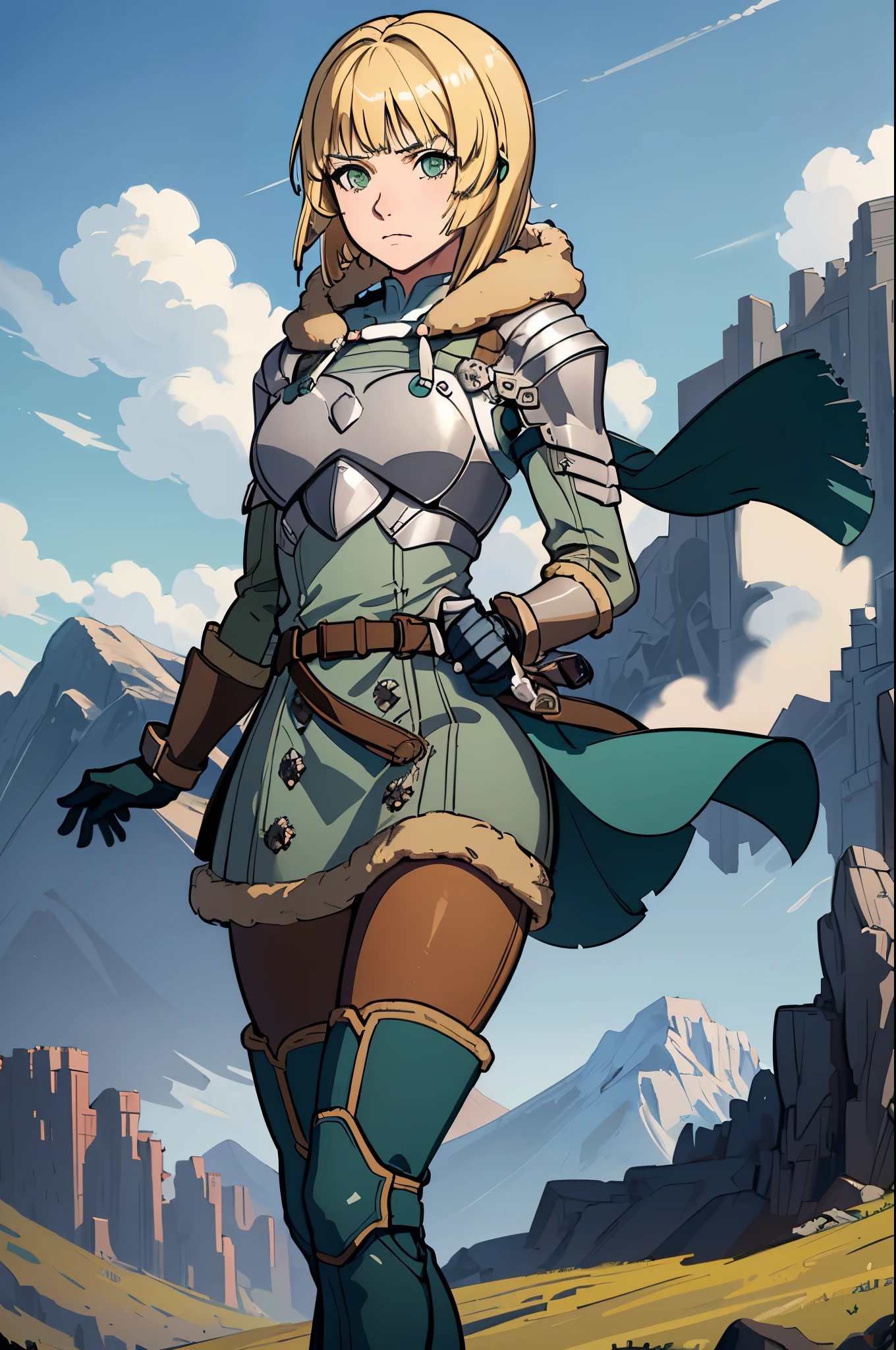 masterpiece, best quality,  hopesingrid, medium hair, bob cut, bangs, shoulder armor, breastplate, green coat, fur trim, gauntlets, blue gloves, belt, green skirt, brown pants, cowboy shot, green boots, field, sky, clouds, mountains, looking at viewer, furrowed brow, serious, 