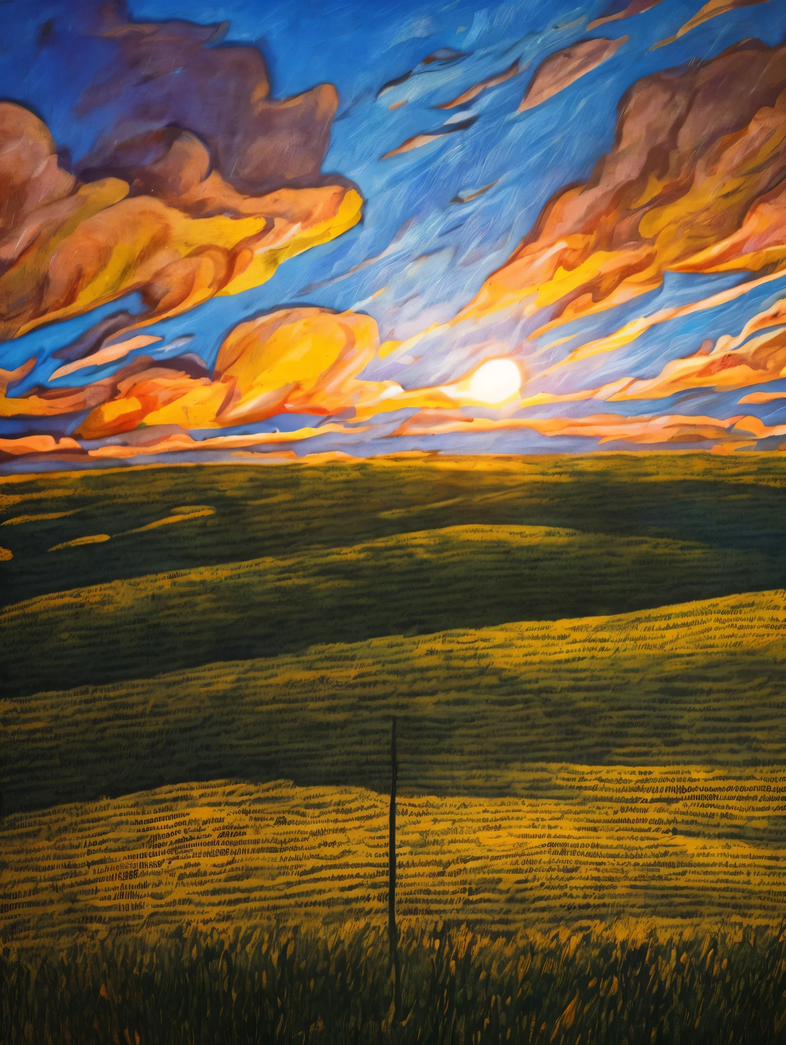 (Digital Painting), (Best Quality), Scenic View, Sorghum Field, (Sorghum: 1.5), Sunset, Sunset, Clouds, Blue Sky, Dust, Dusty, 8k Hyperrealism, Soft Color Scheme, Soft Lighting, Golden Hour, Peaceful Atmosphere, Landscape, van gogh style