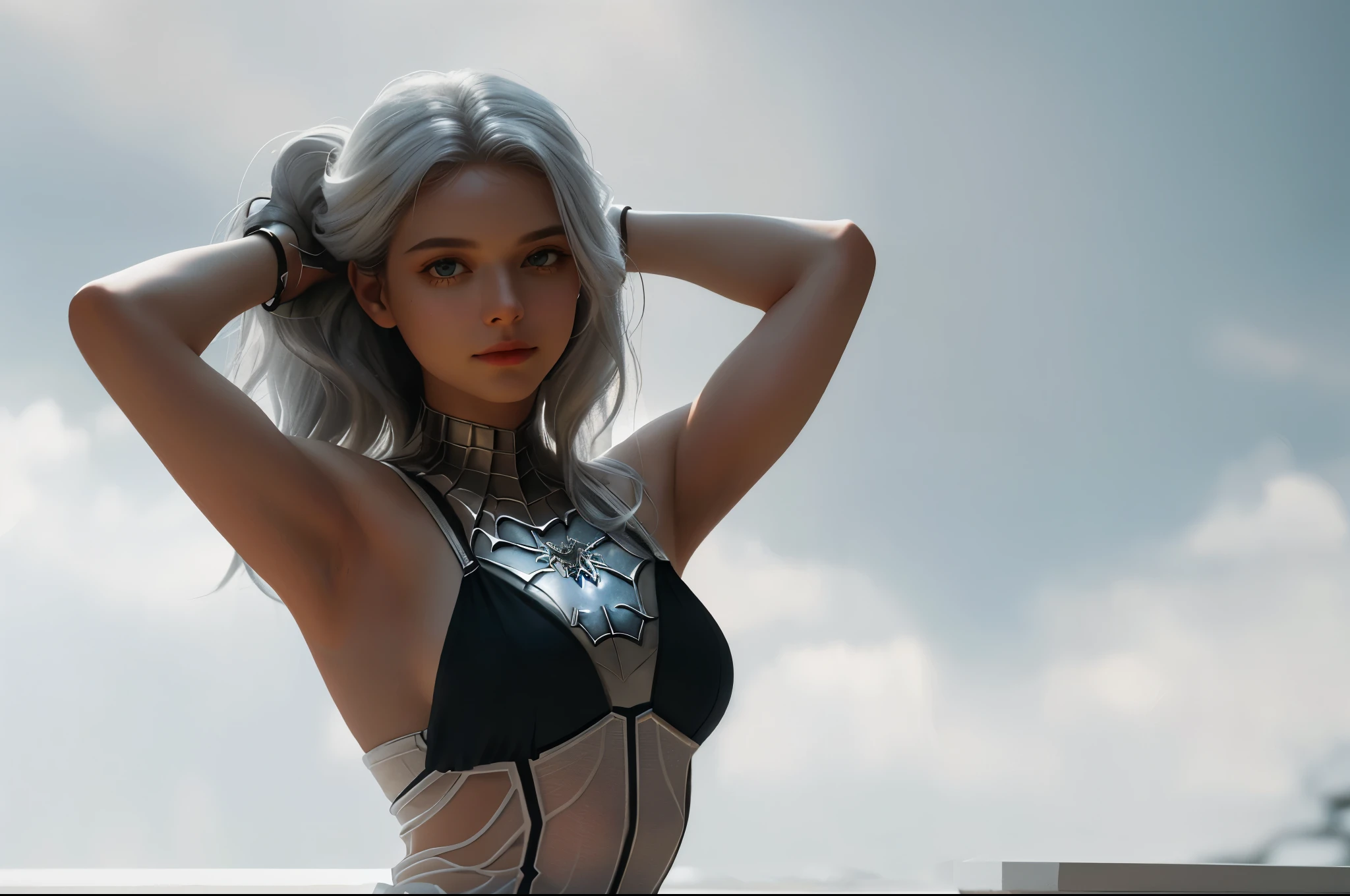 (Extreme Detail CG Unity 8K wallpaper, masterpiece, highest quality), (Exquisite lighting and shadow, highly dramatic picture, Cinematic lens effect), a beautiful girl in a white Spider-Man costume, white lingerie, silver gray hair color, long hair, from the Spider-Man parallel universe, Wenger, Marvel, Spider-Man, on the restaurant, very beautiful face, dynamic pose), (excellent detail, excellent lighting, wide angle), (excellent rendego on restaurant, enough to stand out in its clasocus on white Spider-Man costumes, complex spider textures