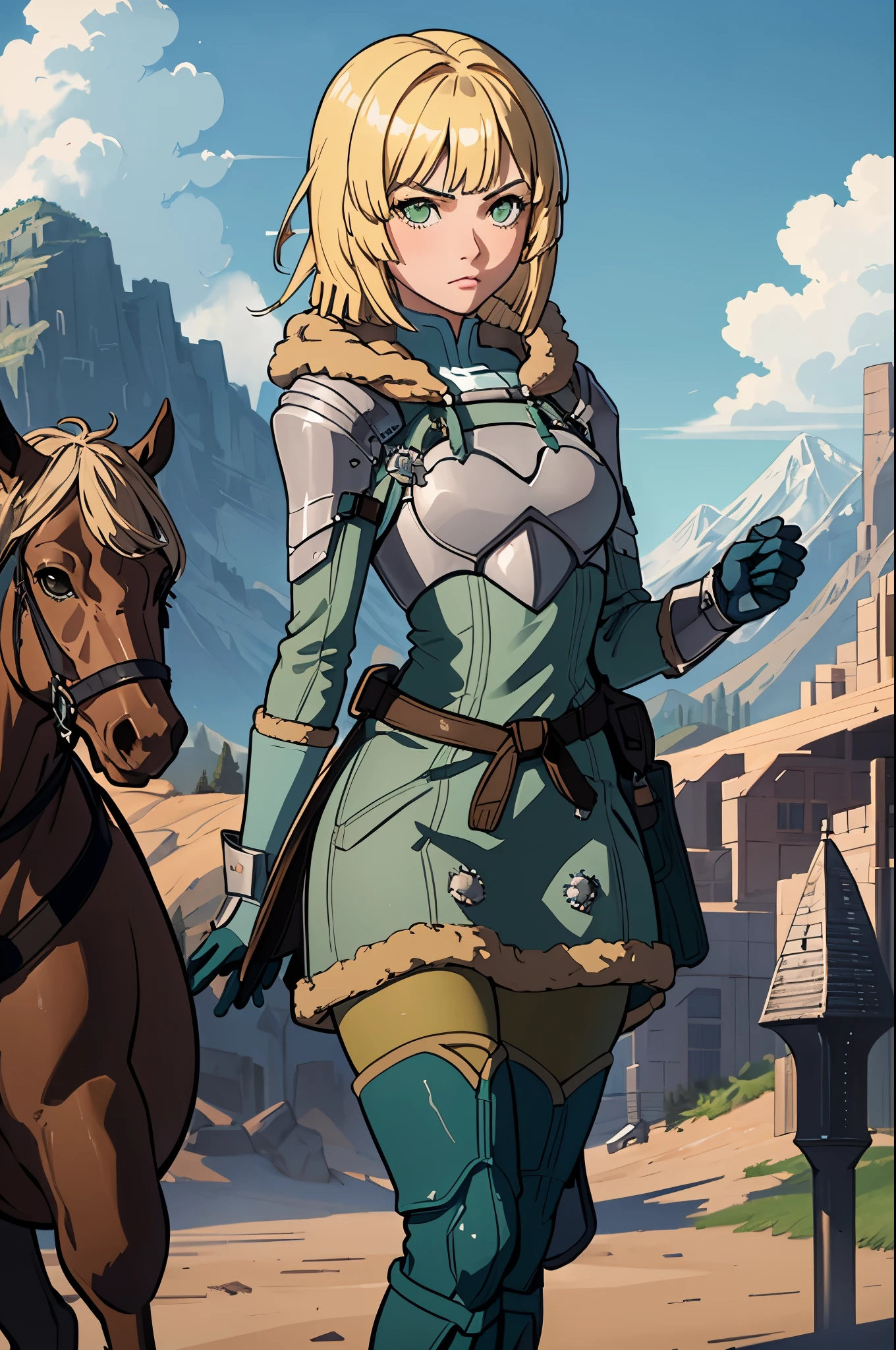 masterpiece, best quality,  hopesingrid, medium hair, bob cut, bangs, shoulder armor, breastplate, green coat, fur trim, gauntlets, blue gloves, belt, green skirt, brown pants, cowboy shot, green boots, field, sky, clouds, mountains, looking at viewer, furrowed brow, serious, 