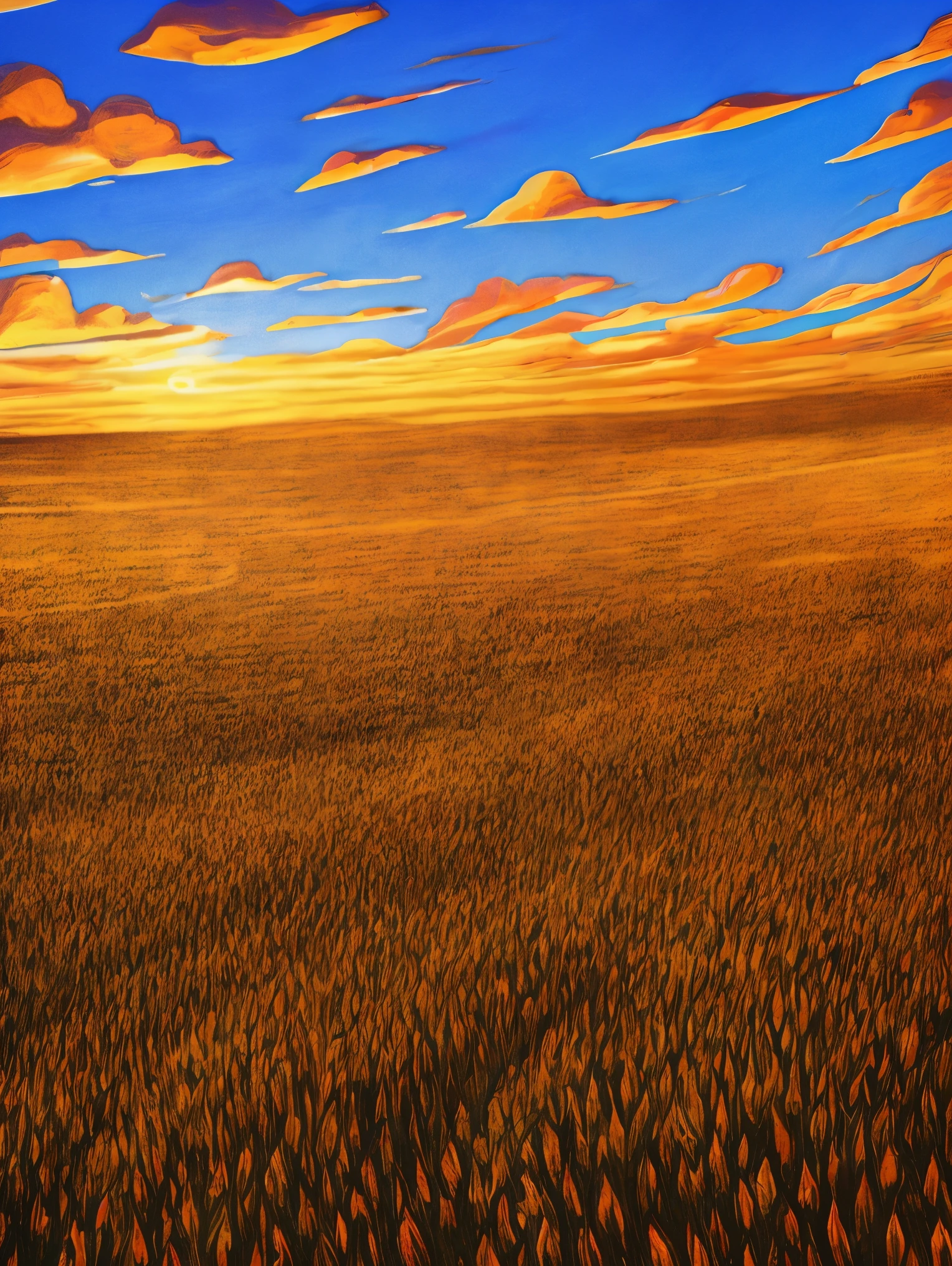 (Digital Painting), (Best Quality), Scenic View, Sorghum Field, (Sorghum: 1.5), Sunset, Sunset, Clouds, Blue Sky, Dust, Dusty, 8k Hyperrealism, Soft Color Scheme, Soft Lighting, Golden Hour, Peaceful Atmosphere, Landscape, van gogh style