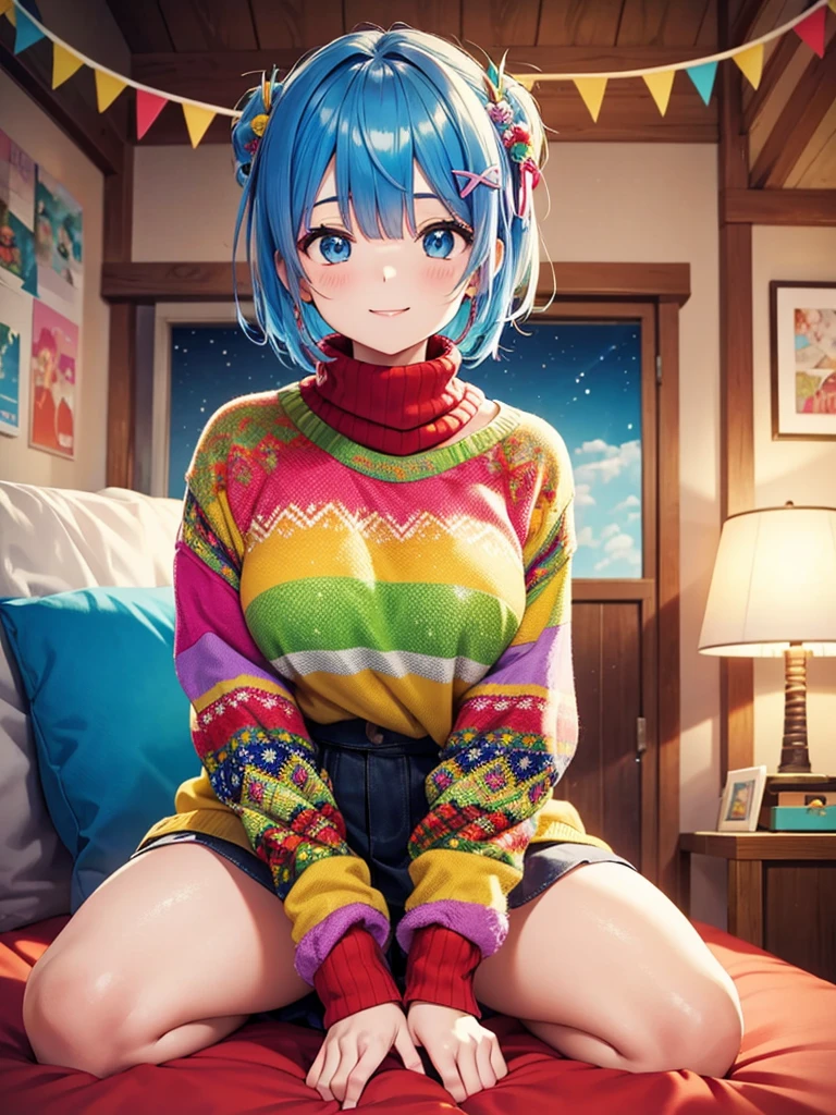 A vibrant scene of a young woman sitting in a traditional seiza position, showcasing her ugly sweater with a proud, beaming smile. Her sweater is adorned with bright, clashing colors and traditional ugly sweater designs like reindeer and snowflakes. rem,re zero,blue hair, short hair and a youthful, energetic expression. The room is decorated with various ugly sweaters hung on the walls and draped over furniture, creating a unique and colorful backdrop. The setting is modern and simple,