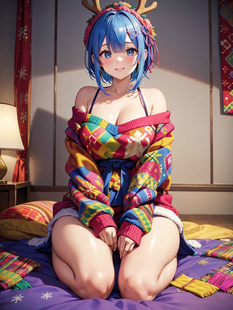 A vibrant scene of a young woman sitting in a traditional seiza position, showcasing her ugly sweater with a proud, beaming smile. Her sweater is adorned with bright, clashing colors and traditional ugly sweater designs like reindeer and snowflakes. rem,re zero,blue hair, short hair and a youthful, energetic expression. The room is decorated with various ugly sweaters hung on the walls and draped over furniture, creating a unique and colorful backdrop. The setting is modern and simple,