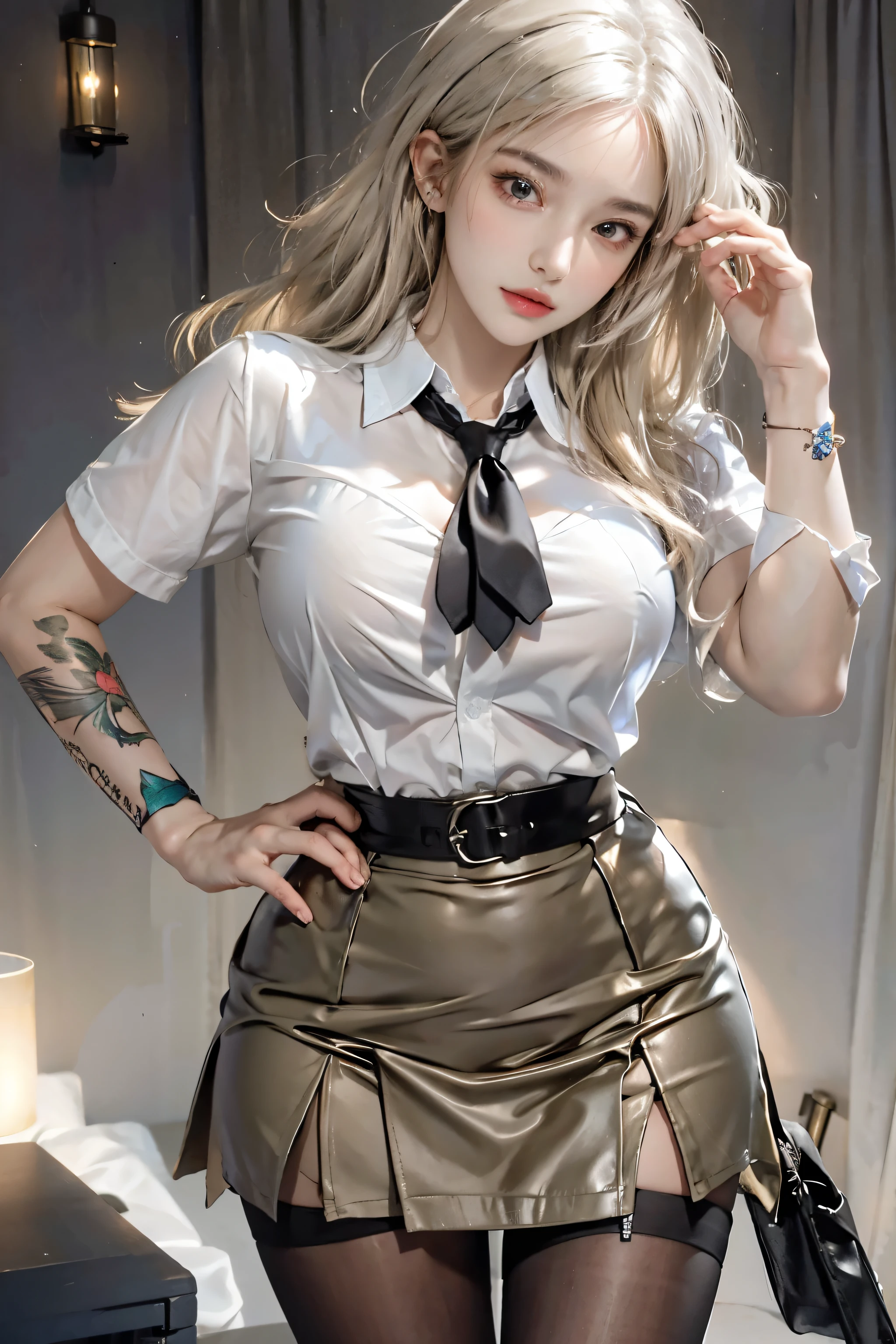 realistic, High resolution, soft light,1 female, alone, hip up, glowing skin, (detailed face),tattoo, jewelry, secretary clothes, white shirt, black skirt, black stockings, garter belt, night, blonde hair, wavy hair, Beautiful Soldier, Eyes that invite the viewer, Spouse'perspective, attractive appearance, sexy smile, perfect style, perfect balance, fine skin, naughty look, I can see your breasts