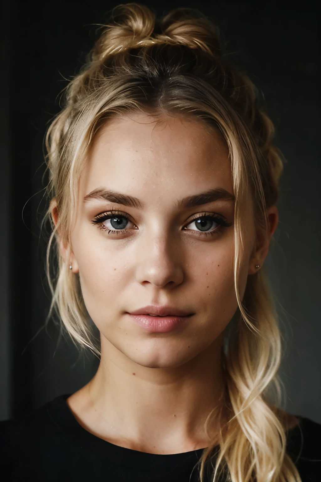 Eye contact of a blonde with bun hair and a dark theme