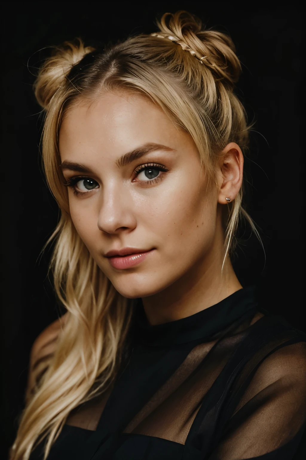 Eye contact of a blonde with bun hair and a dark theme