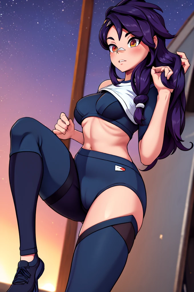 Erisa, tight pants, sportswear, butt, seductive, thick thighs, night sky view, realistic, best quality, masterpiece, ultra detail, ultra high res, extreme detail