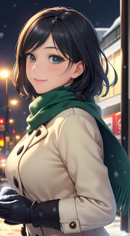 ((masterpiece, highest quality, High resolution, UHD, perfect pixel, Depth of bounds written, 4K, rtx, HDR)), 1 girl, single, alone, 24-years-old, beautiful anime girl, beautiful art style, anime character, smile, beautiful ,smile,short hair,black hair, (green eyes:1.4, round eyes, beautiful eyelashes, realistic eyes), (detailed face, blush:1.2), (smooth texture:0.75, realistic texture:0.65, realistic:1.2, cinematic, Anime CG style), medium breasts, perfect body, Big breasts, (dynamic angle, throw, close), ((winter clothes, long coat, mittens, gloves, scarf)), night, city lights, Bokeh:1.4, (outdoor, city buildings, crowd), ((winter, snowfall:1.8, The wind blows)), (elegant, first class, Glorious, elegant)