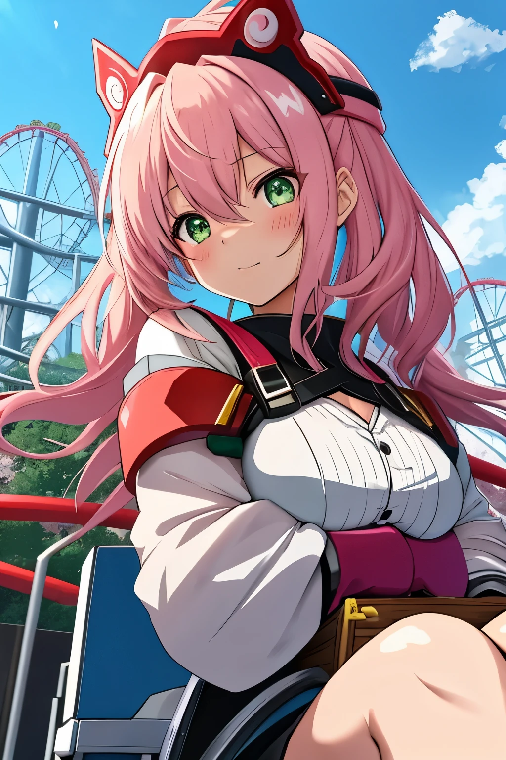 In the heart of an exhilarating anime theme park, a roller coaster named "Dragon's Fury" soars high against the vibrant blue sky. Surrounded by the thrilling atmosphere of chest-thumping bass and the intoxicating scent of popcorn, an enchanting anime girl named Sakura eagerly awaits her turn on the ride. With a shimmering, prolonged expression, her emerald eyes sparkle with anticipation. Her heart pounds in her chest as she clutches onto the lap bar, her long, straight, alabaster hair falling gracefully over her shoulders.
As the roller coaster takes off, Sakura's facial expression