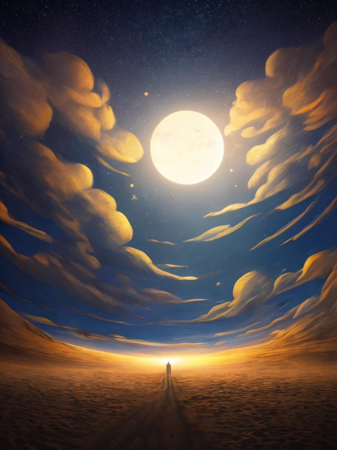 8k masterpiece, ((scene with daylight)), ((soft light)) it is daytime on a totally desert planet and we see the sky with two moons and full of large spaceships with complex structures, celestial landscape, stars and nebulae