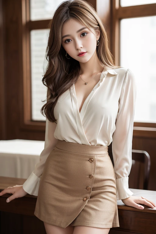 whole body、on the table, best quality, Realistic, super detailed, down to the last detail, High resolution, 4k wallpaper, 1 beautiful woman,, light brown messy hair, wore a suit, fix a sharp focus, perfect dynamic composition, beautiful and delicate eyes, delicate hair, Round face model body type、mini skirt、drooping eyes