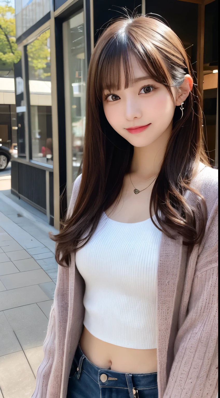 table top, highest quality, figure, super detailed, finely, High resolution, 8k wallpaper, 完璧なダイナミックな構figure, beautiful and fine eyes,medium hair,small breasts,natural color lip, bold sexy pose,smile,Harajuku、20 year old girl、cute、sexy shot looking at camera,Change costumes at random(Trendy women'Winter clothes)