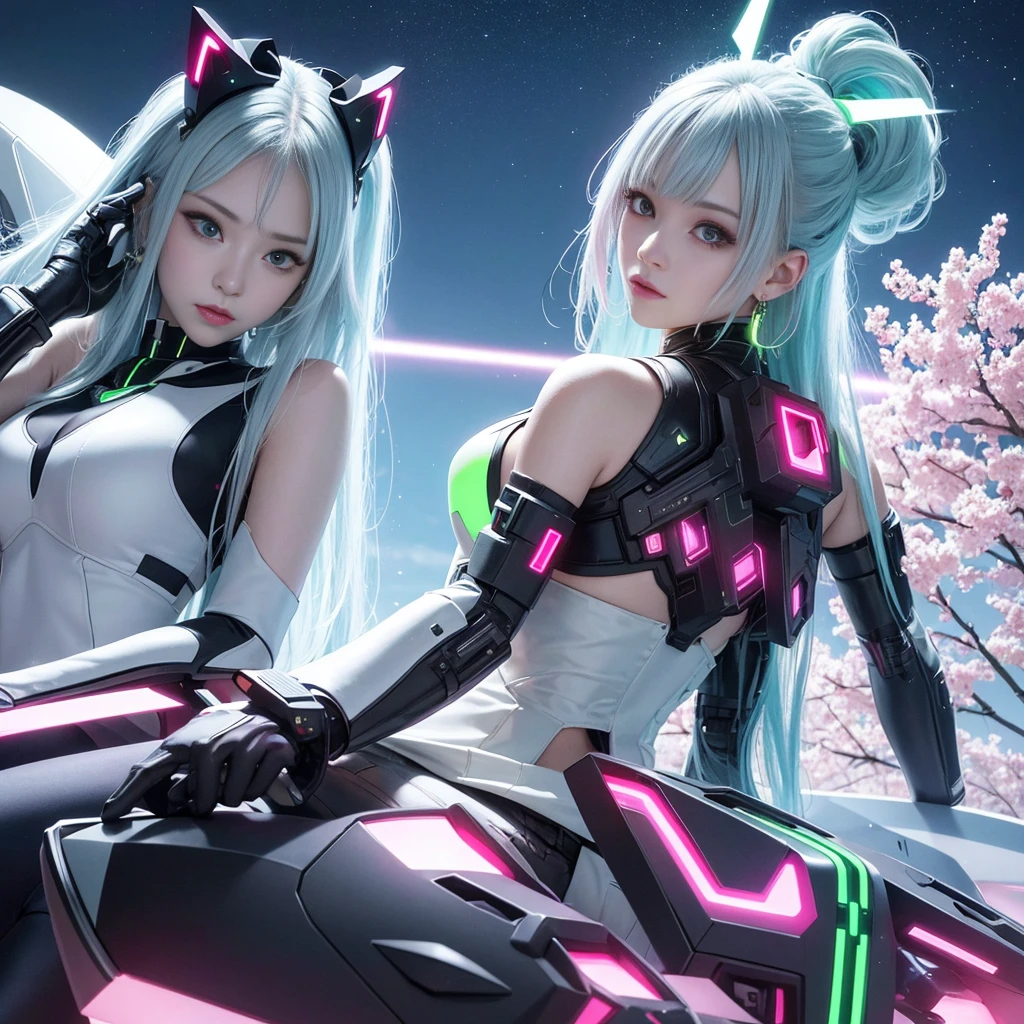 Girl with a gun、金色のlong hair、hold a gun、sharp look、デジタルcyber punk、Portrait、future city、neon、cyber punk少女メカ、d cup bust、thighs、Shiny skin、Kneeling、cute cyborg girl、Light、green, cyber city, China dress, cyber punk city, skyscraper、詳細な発Lightヘッドフォン, luminous hair accessories, long hair、Lightるイヤリング, glowing necklace, cyber punk, high tech city, Future、technology, 輝くneon, pink light, sexy skirt, digital background urban sky, big moon, with vehicle, 最high quality, masterpiece, 8K, character edge light, Cherry blossom dancing、Ultra high definition, high quality, The most beautiful women of mankind, smile, The face is facing forward.、earrings, long antenna glow, Beautiful pupils, Lightの効果, visual data, 、Super detailed facial texture, Happy and proud, weapon system, Mecha style, Wearing glowing antennae on the head, Back Injector, Girly sitting position, Side leg shrinkage