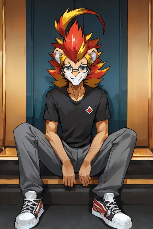 ((Pyroar)), anthropomorphic, pokemorph, (((1boy))), (((black shirt))), (grey pants), handsome, (black sneakers), slender, brown skin, (glasses), long legs, smiling