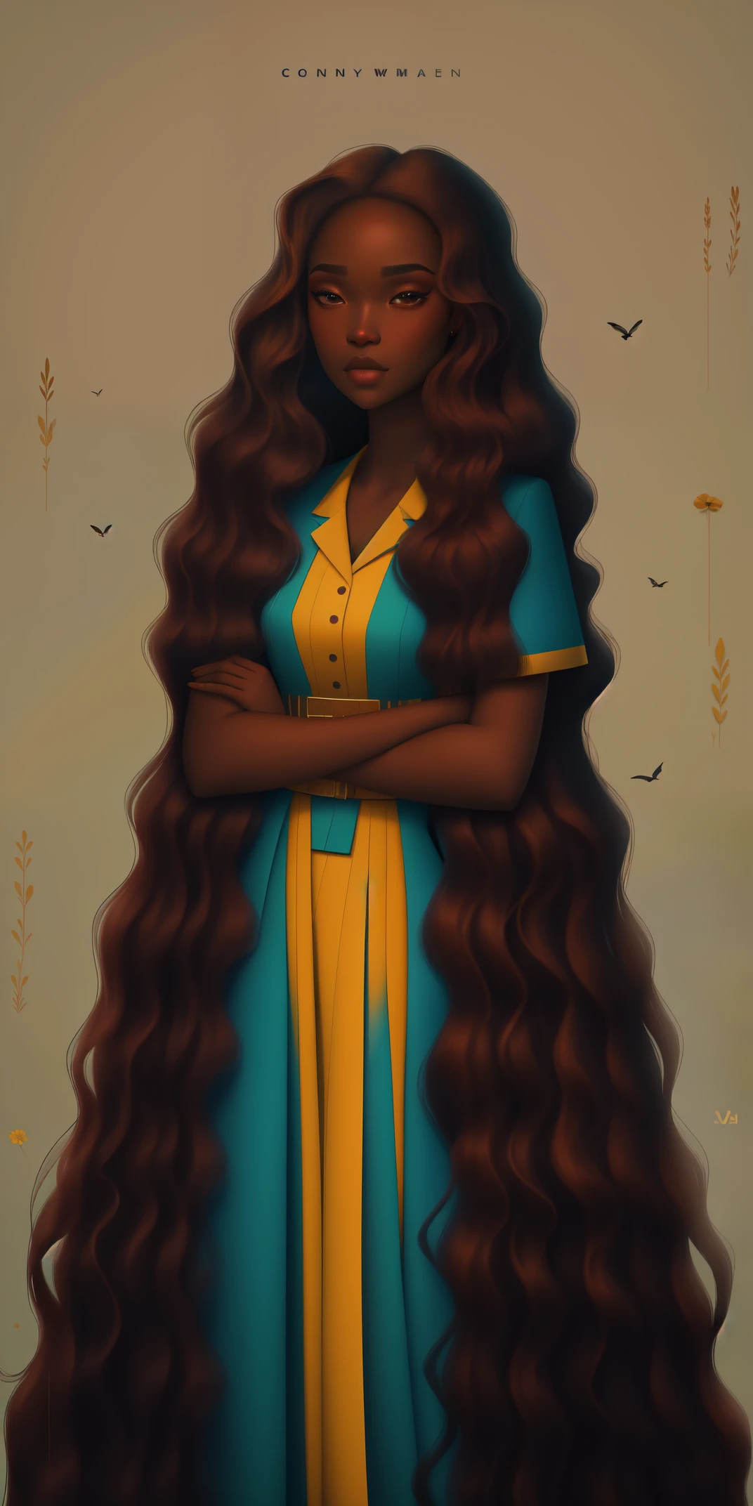 A Congolese black woman with rich dark brown skin, content expression, beautiful, 1woman, intricate detail, long wavy hair