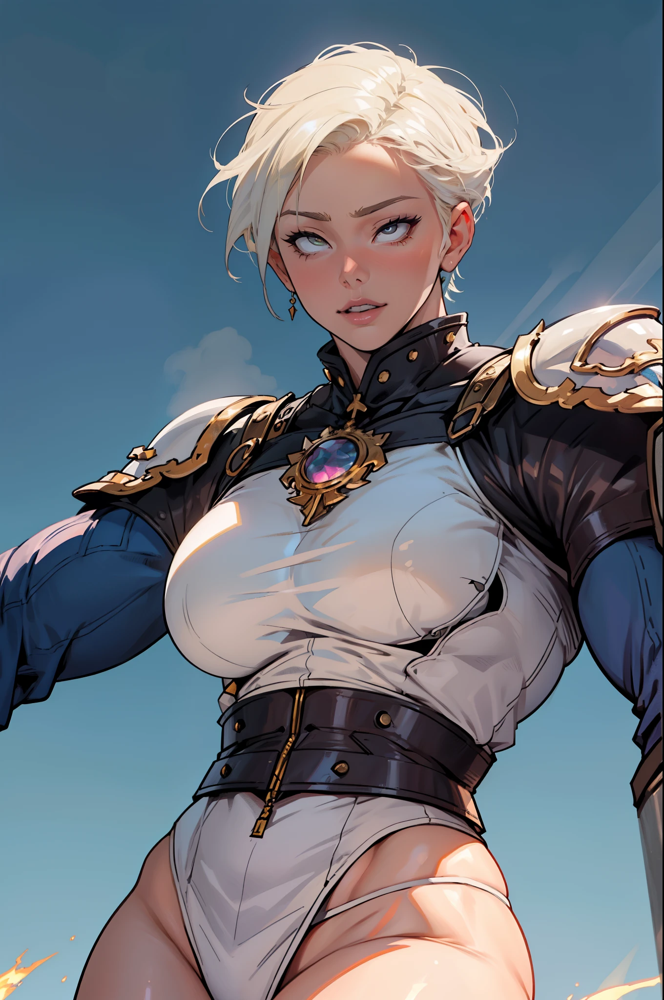 (high resolution, pixel perfect, gorgeous illustrations), (hyper quality, muste piece, etheric: 1.4),(solo:1.4), (((very short hair))), ((spike_hair)), pale skin, (((((((muscular))))))), ((thick thighs)), (((wide hips))), ((Big breasts that are about to burst)), (((woman))), ((((mature woman)))), ((UnderButt)), (((wh_chi_armor))), (leotard), (lewd girl), ((gray background)), (shiny skin), ((overexposure)), ((facial lash)), ((Ahegao)), rolling eyes,