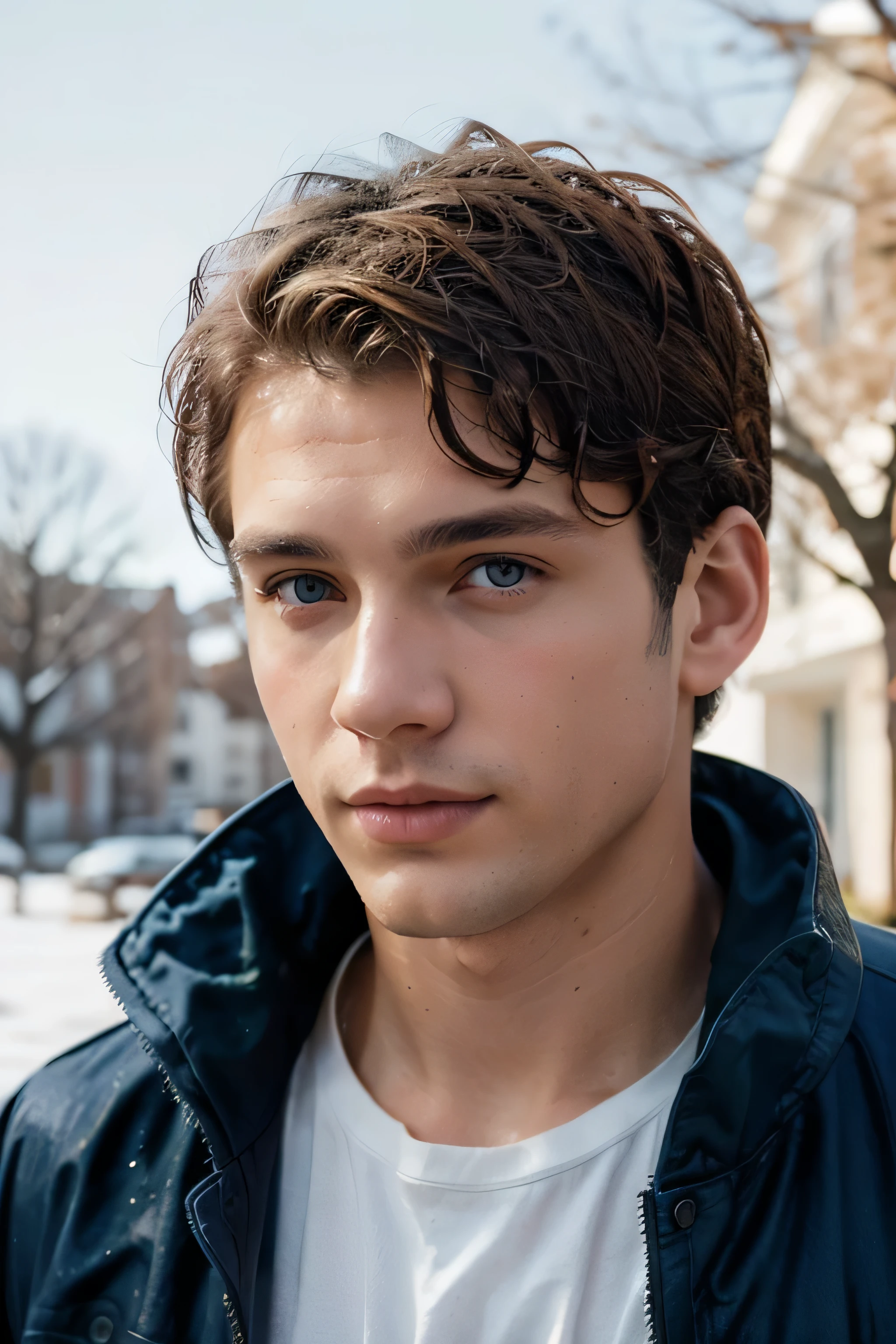 24 year old, white man with curly light brown short hair, amber green eyes, portrait, winter day, wearing a navy blue jacket, with scattered contours and white background and blue sky, intricate details, low key, watercolor, splash