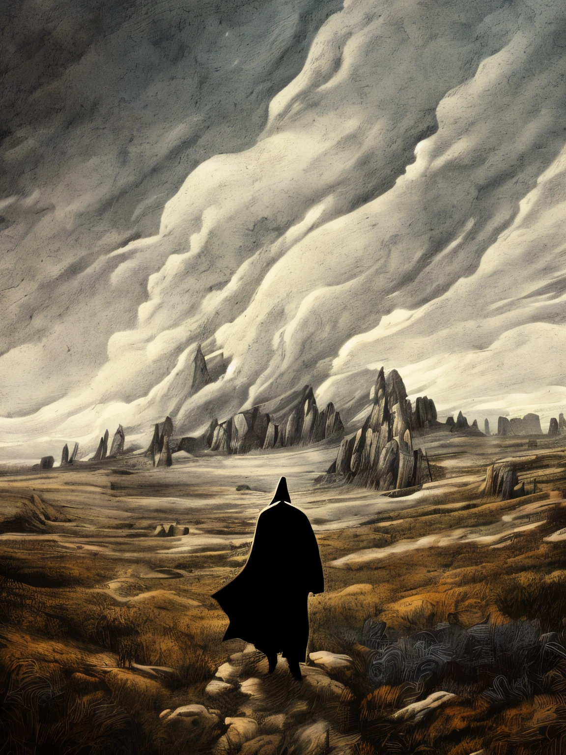 A somber figure of Death clad in dark robes wanders aimlessly in the valley of shadows, surrounded by raw, desolate landscapes of despair. The scene is graced with an award-winning, superior quality presentation, showcasing intricate details of the valley's rocky terrain and towering cliffs. The play of light and shadow creates a haunting, dramatic effect that beautifully captures the essence of despair and suicide.
((color palette: black, dark gray, and deep blue)), ((best lighting: moody and low)), ((extreme details: rough textures and intricately modeled rocks)), ((atmosphere: foreboding and melancholic)), ((emotionally