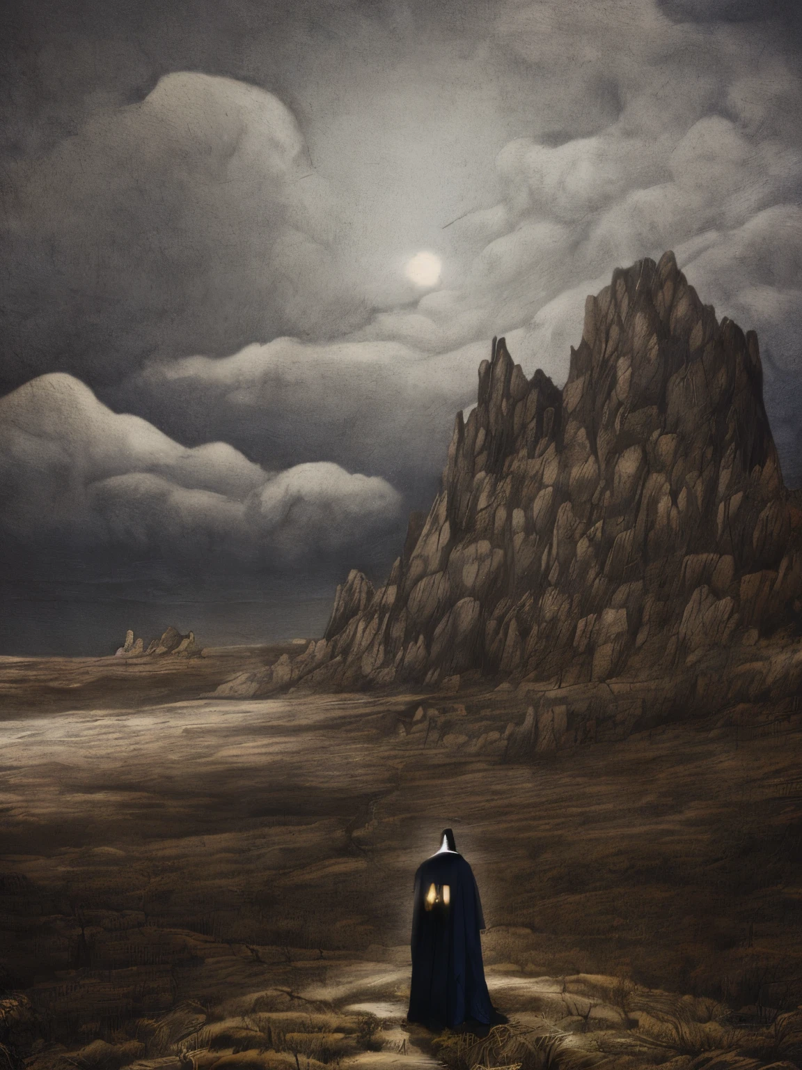 A somber figure of Death clad in dark robes wanders aimlessly in the valley of shadows, surrounded by raw, desolate landscapes of despair. The scene is graced with an award-winning, superior quality presentation, showcasing intricate details of the valley's rocky terrain and towering cliffs. The play of light and shadow creates a haunting, dramatic effect that beautifully captures the essence of despair and suicide.
((color palette: black, dark gray, and deep blue)), ((best lighting: moody and low)), ((extreme details: rough textures and intricately modeled rocks)), ((atmosphere: foreboding and melancholic)), ((emotionally