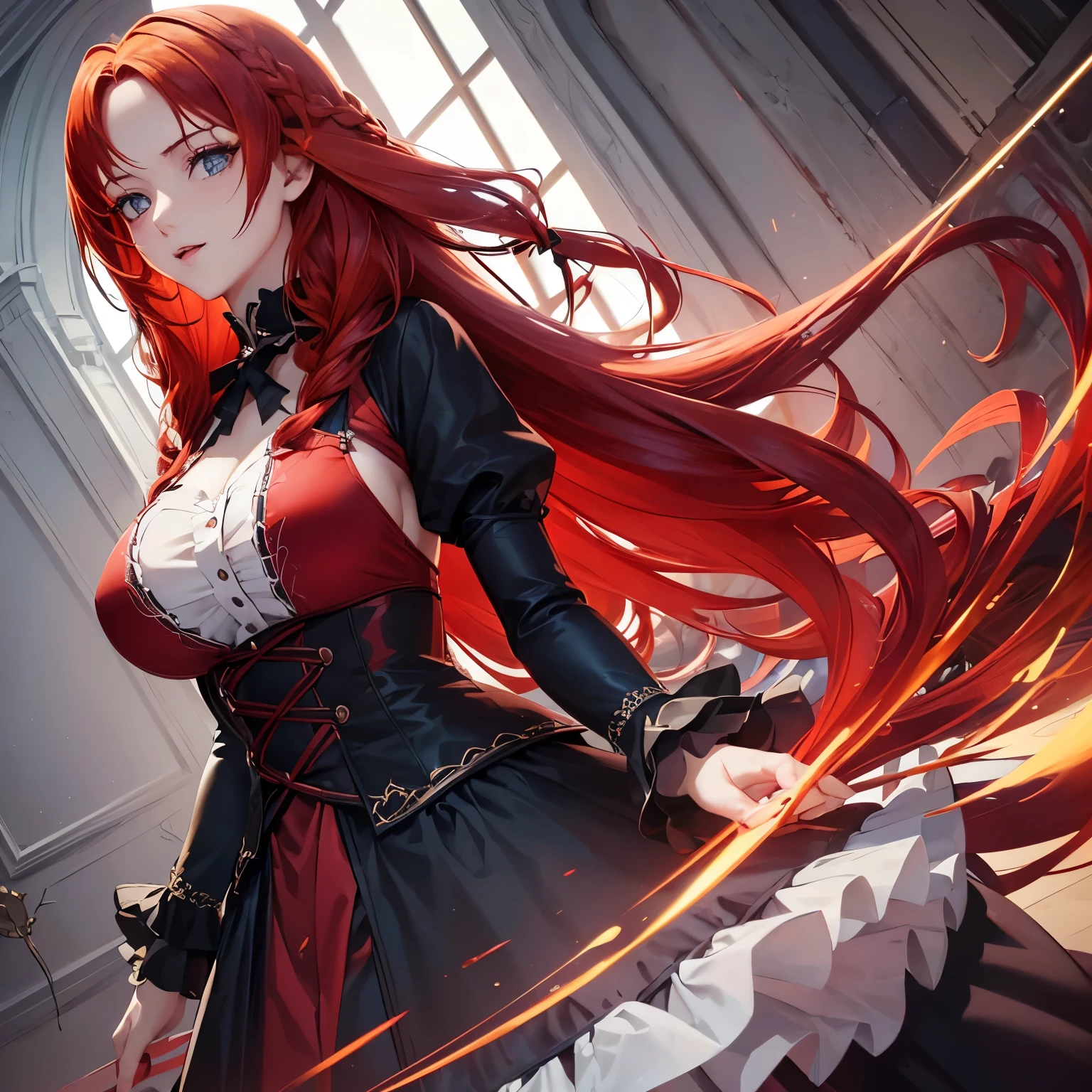 1girl,sense of deps,disorganized,catch light,Super beautiful illustrations,(Red hair,long hairstyles:1.6),Turn around,eye shadow,(Red clothes,gothic lolita),Upper body,;D,beautiful and delicate flowing hair,Delicate and detailed blue eyes,emphasized chest,big breasts