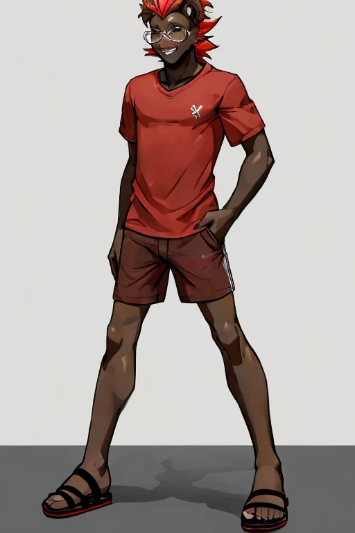 ((Pyroar)), anthropomorphic, pokemorph, (((1boy))), (((red shirt))), (black and white trunks), handsome, (black sandals), slender, brown skin, (glasses), long legs, smiling