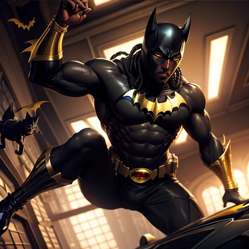 African male batman, bruce Wayne, (with African Catwoman), batmobile, gold jewelry, in bat cave, bat wing, dreads, falling from building