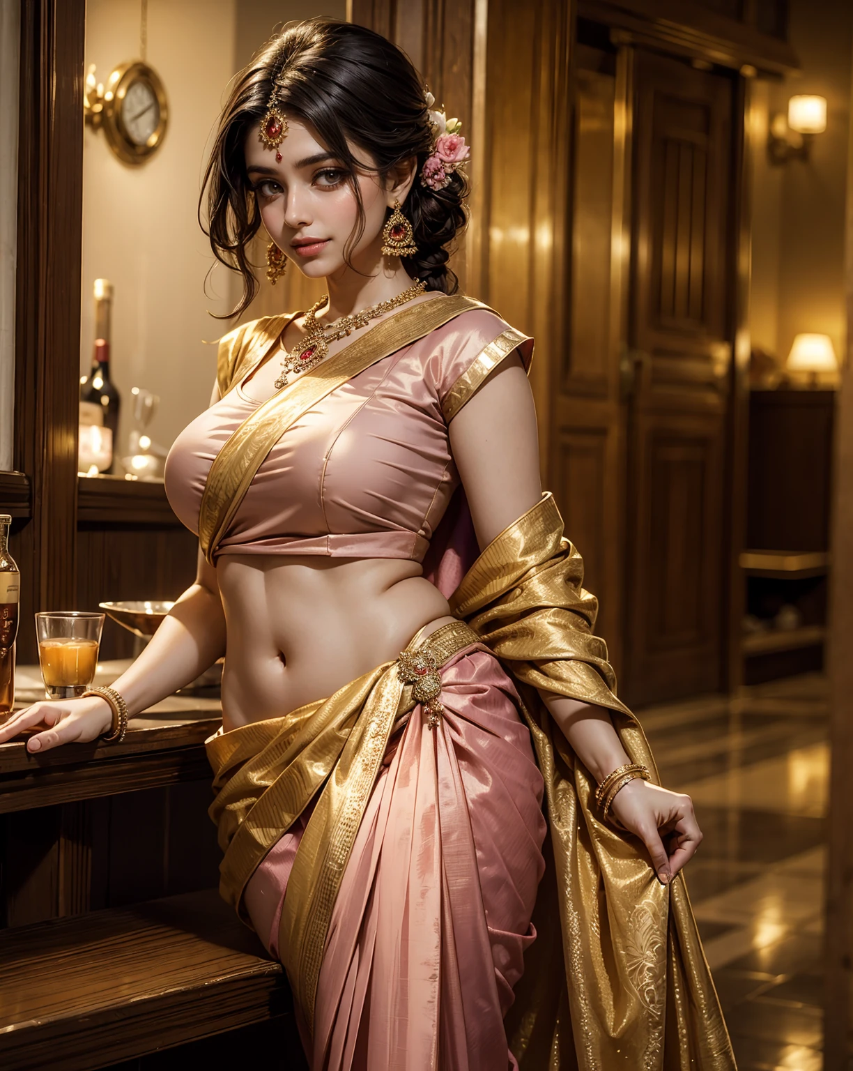 a indian woman in a golden pink saree leaning on the table, wearing a sari, wearing silver silk robe, bar background, wearing sari, wearing silver  dayanita singh, dressed in a sari, bar, bar in background, holywood actress, leaning on a mocha-colored table, wearing gold pink saree, fancy golden saree, ritu kumar, sari beautiful blouse, big boobs, hot navel, body curves, beautiful enjoying smile.