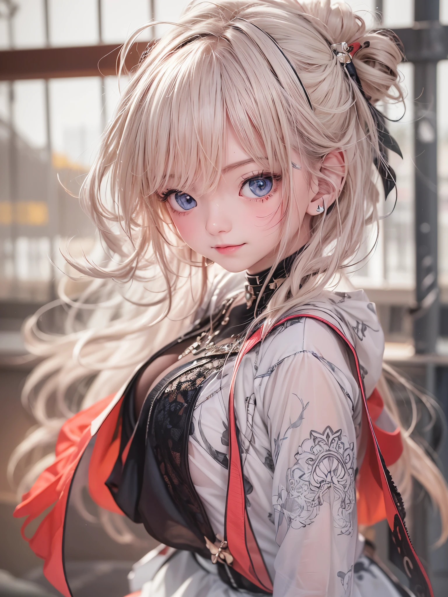 (8K、master piece、highest quality、highest level、Highest image quality、muste piece、intricate details、high resolution、depth field、Natural light、professional lighting)、(one girlish girl)、solo、(cute:1.2)、very beautiful 16 year old cartoon girl、(high detail skin: 1.2)、Photorealistic anime girl rendering、Realistic anime 3D style、美しい明るいブロンドのlong hair、強烈なred eyes、strong eye highlights、very big breasts、perfect anatomy、((black jacket、wearing white fancy lingerie、supple and thin fabric、mini skirt、metal accessories、))、decorative choker、hands behind the back、綺麗なプラチナblonde hair、long hair、crossed bangs、asymmetrical bangs、bob cut、stick out ears、eyelashes、red eyes、とてもミステリアスなsmile、Attractive、(sophisticated headphones)、Body shiny with oil、thighs open、smile、spread your legs、Lying、squat、I can see my pants、Draw so that the crotch cloth of the white underwear is visible.、Skirt flip、((破れてボロボロの損傷したデニムのmini skirt))、(graffiti:1.5)、paint splashes、put your hands behind your back、towards the wall、When I look through the viewfinder、bracelet、thigh strap、Body Painting、head tilt、blonde hair、iris blue eyes、(Body shiny with oil)、8K resolution、Complex clothing、intricate details、Pants visible from skirt、Panties fully visible、boyish girl、short hair、showing off her panties、panties look good、string panties、Angle from feet、angle from below、Angle looking up from below、Crotch show off、(lewd girl:1.2)、